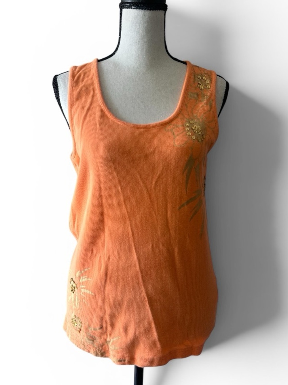 Vintage Cache Orange Beaded Floral Embroidered Tank Top Size Large